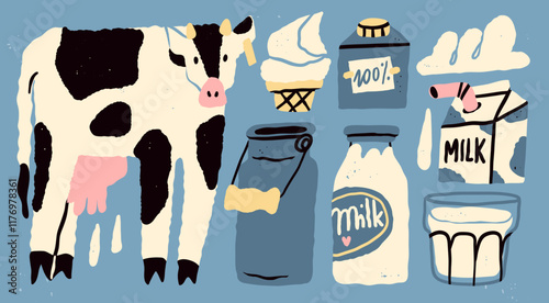 Various dairy products set. Cow, milk can, carton box, glass, bottle, ice cream, heavy whipping cream. Hand drawn Vector illustration. Isolated design elements. Healthy food, farm market concept