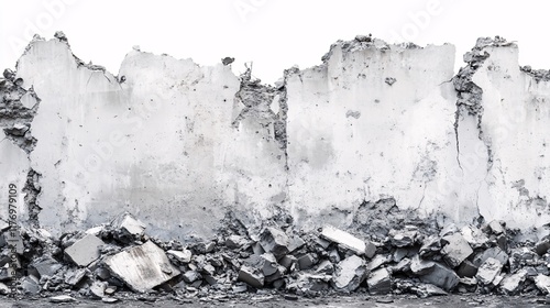 Destruction of a concrete wall with debris scattered on the ground in an urban environment
