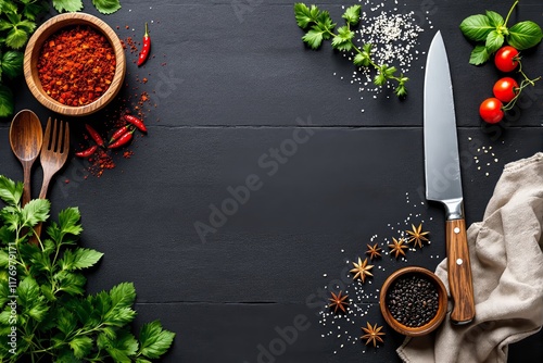 Fototapeta Naklejka Na Ścianę i Meble -  Culinary-themed composition with spices, herbs, utensils, and knife on black backdrop.