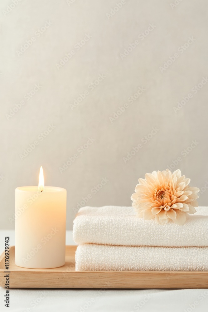 Tranquil Spa Still Life with Candle and Flower on Wooden Tray Tranquil Spa Still Life with Candle and Flower on Wooden Tray