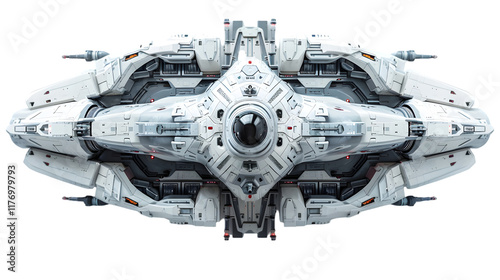 Futuristic science fiction fantasy space ship viewed from above. 3D rendering isolated on a transparent background