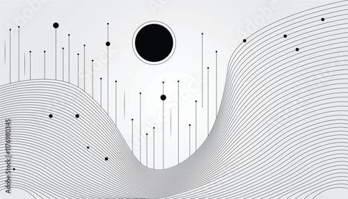 Abstract Waveform and Dots with Moon on White Background