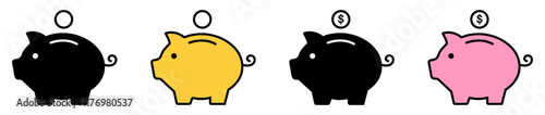Piggy bank icon isolated set on white background. Money box symbol.  Saving bank icon. Pig and coin sign. Saving money. 