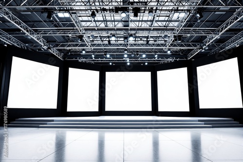 Empty stage with illuminated white screens and overhead lighting design in a modern venue. photo