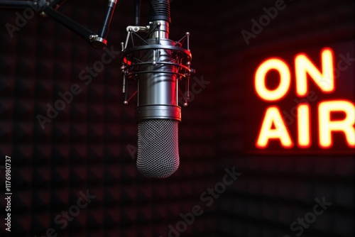 Close-up of a professional microphone in a recording studio with 