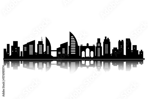 vector design silhouette of a beautiful black city with reflection in water architecture and arch