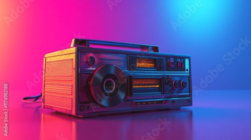 Vintage cassette player with vibrant neon lighting showcasing retro design aesthetics
