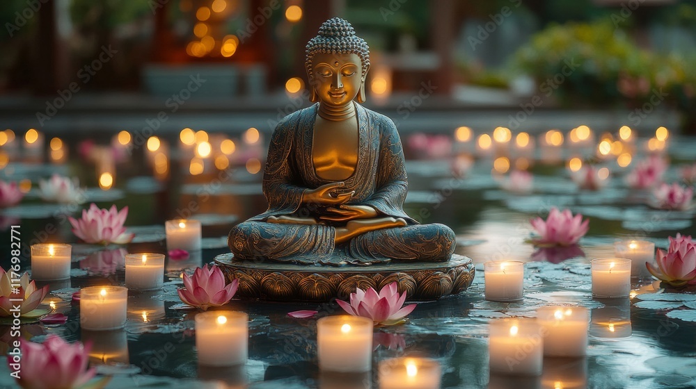 Fototapeta premium Serene Buddha Statue Amidst Candles and Lotus Flowers in Tranquil Setting