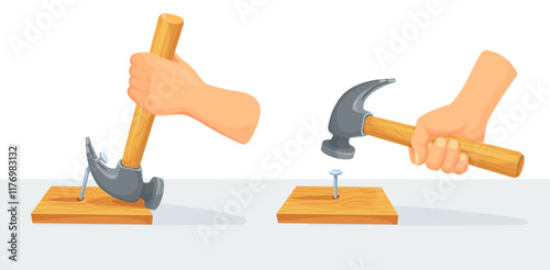 Hand hammering nails. Builder or carpenter holding hammer in hands hit on hammered steel nail, pull removing nails wooden board, physics force experiment neat vector illustration