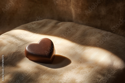 A minimalist composition of a single heart-shaped chocolate on a velvet cushion, with a spotlight effect creating a dramatic mood.