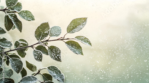A winter-themed poster with frost on green leaves against a white background, showcasing the cold beauty.

