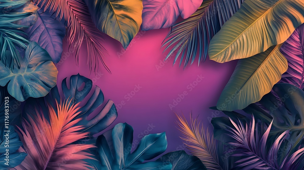 Fototapeta premium Tropical leaves layered on a gradient background