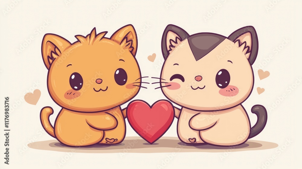 Two adorable cartoon animals exchange a heart for Valentine's Day, surrounded by playful hearts, showcasing friendship and love in a charming design Two adorable cartoon animals exchange a heart for Valentine's Day, surrounded by playful hearts, showcasing friendship and love in a charming design