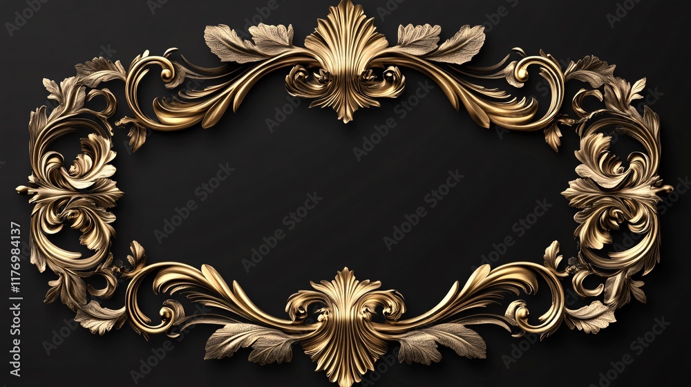 Elegant golden decorative frame with intricate floral patterns against a dark background Elegant golden decorative frame with intricate floral patterns against a dark background