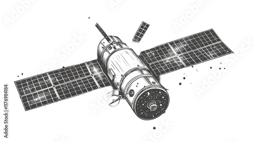 Hand drawn halftone satellite. Space vector design element isolated on a transparent background