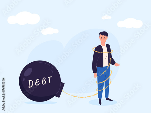 Debt burden. Sad business man with heavy money carry on chain, bad debtor finance loan weigh financial hardship bankruptcy concept overwhelmed businessman vector illustration