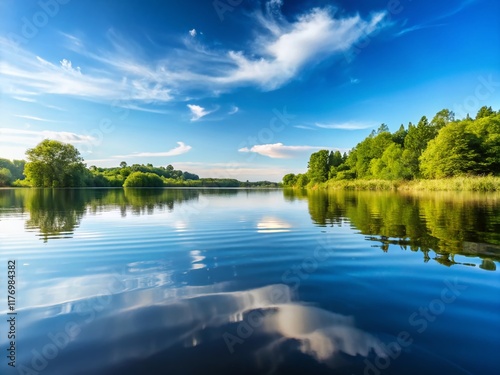 Serene Water Surface: Calm Lake with Copy Space for Text and Design