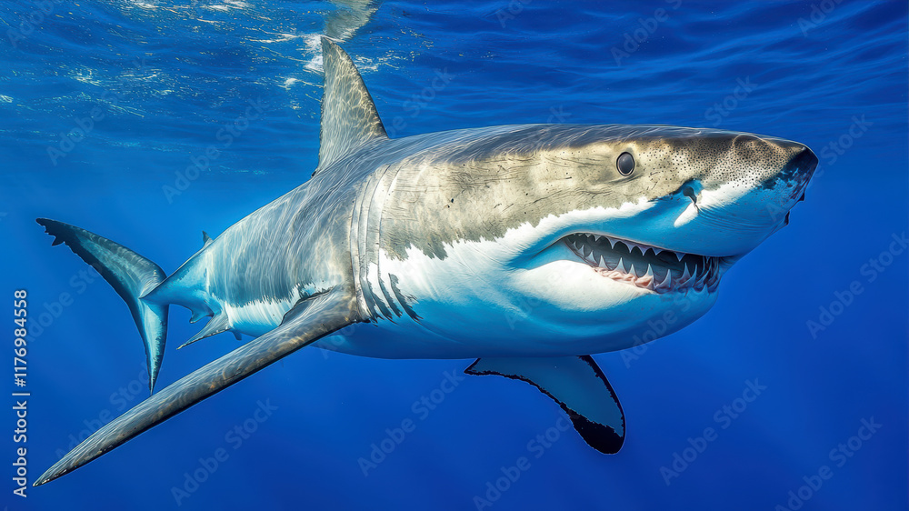 Naklejka premium Great White Shark Gliding Through Clear Blue Waters of the Ocean During Midday