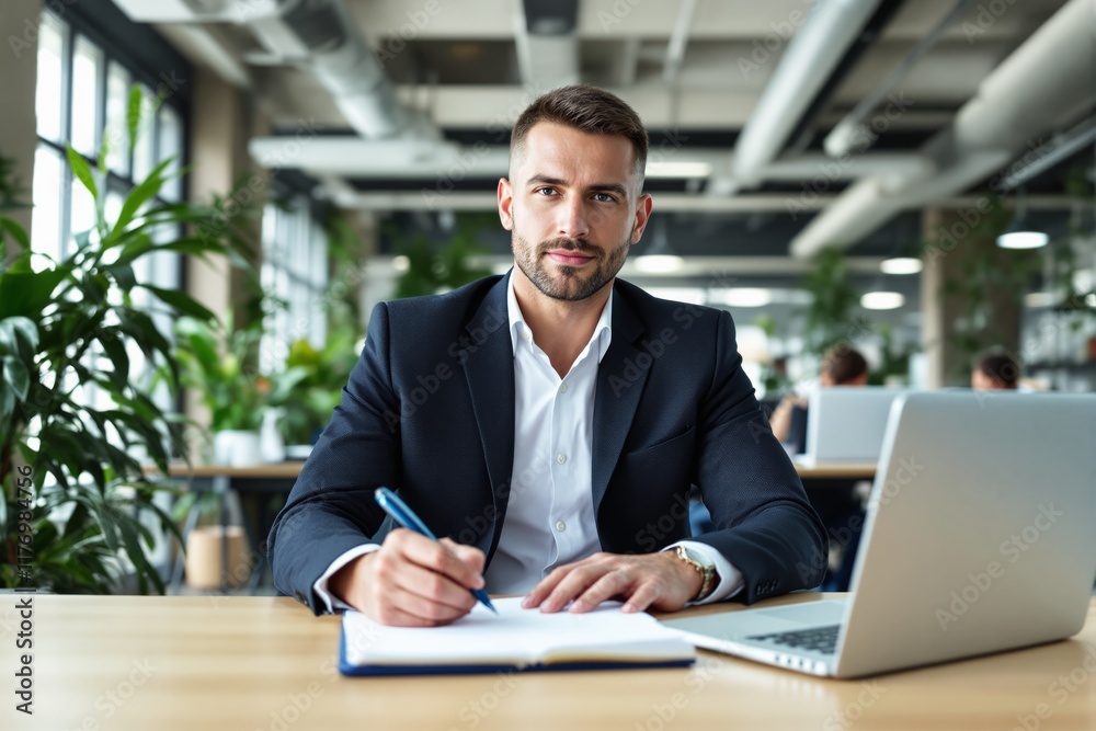 Confident businessman working on a notebook in a modern office environment. Confident businessman working on a notebook in a modern office environment.