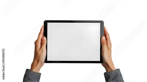 Hands Touching an iPad with Blank Screen isolated on a transparent background