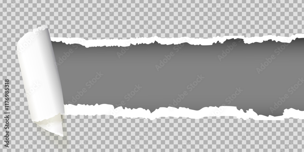 Torn paper roll background. Ripped page strip cut sheet rip edge reveal effect realistic scratch off rough hole in white cardboard banner curl scroll template vector illustration