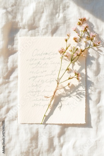 Vintage-Style Holiday Card with Pressed Flowers on Linen Background in Warm Lighting