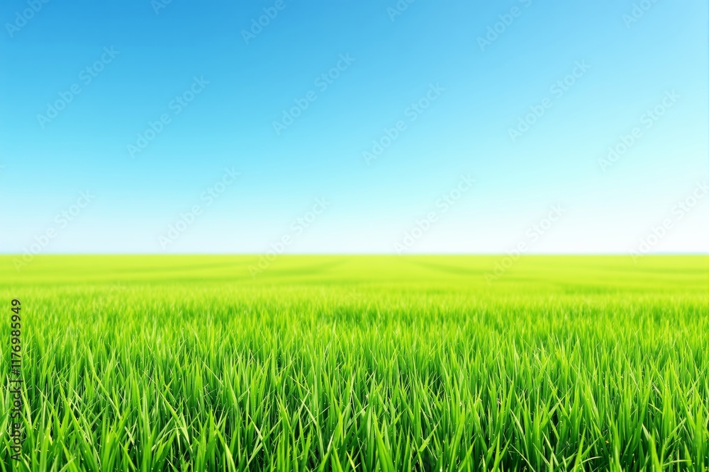 Vibrant green grass field under a clear blue sky background with sunlight. Vibrant green grass field under a clear blue sky background with sunlight.