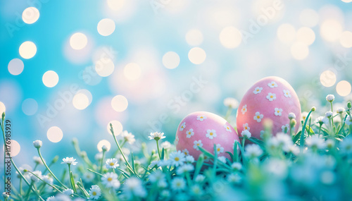 Bright easter background with colorful painted eggs, bokeh, pastel colors photo