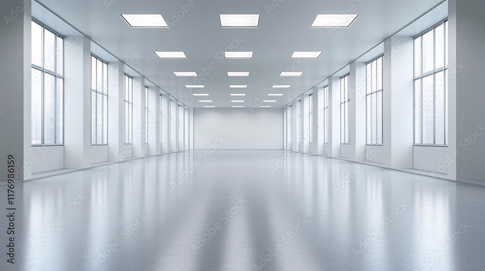 Spacious and bright empty hall with large windows in modern architecture design Spacious and bright empty hall with large windows in modern architecture design