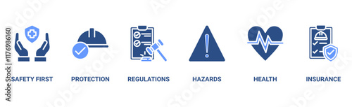 Work safety banner web icon vector illustration for occupational safety and health at work with safety first, protection, regulations, hazards, health, and insurance