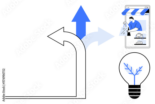 Curved arrow with multiple directions smartphone with a shopping scene lightbulb with a growing plant. Ideal for innovation, e-commerce, decision-making, growth, creativity, future, strategic