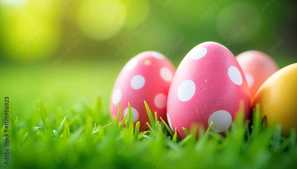 Pink Easter eggs hidden in the grass ready for a traditional Easter egg hunt Pink Easter eggs hidden in the grass ready for a traditional Easter egg hunt
