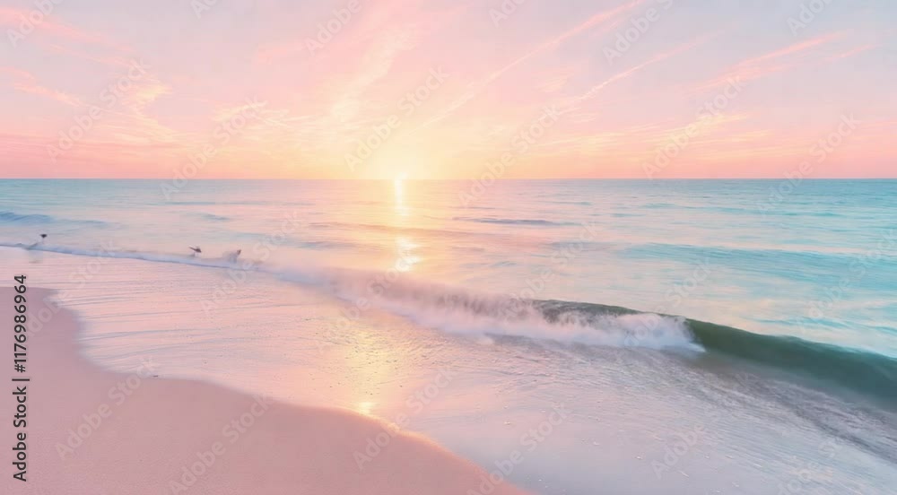 Gentle ocean waves rolling onto a quiet sandy beach at sunrise, with soft pastel skies and the subtle glow of the sun on the horizon Gentle ocean waves rolling onto a quiet sandy beach at sunrise, with soft pastel skies and the subtle glow of the sun on the horizon