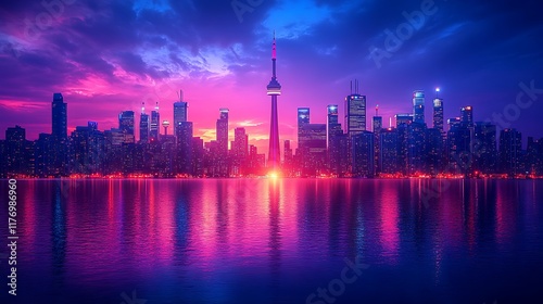 Vibrant city skyline at sunset reflecting on water.