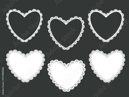 Set vector frame with lace border in the shape of a heart. Concept of love for Valentine's day or wedding design. Vector lace frames
