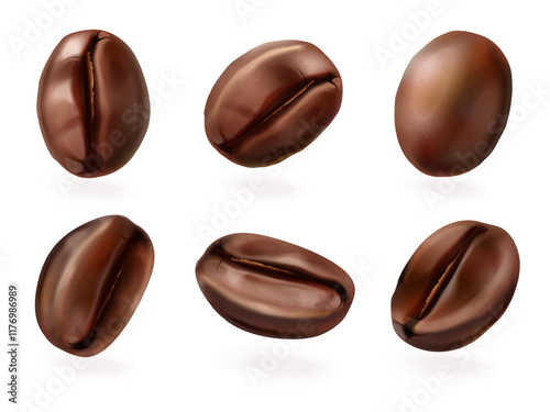 Realistic coffee beans. 3d caffeine bean arabic seed brown aroma grain, morning energy drink ingredient brazilian roast grains isolated seeds for cafe, exact vector illustration