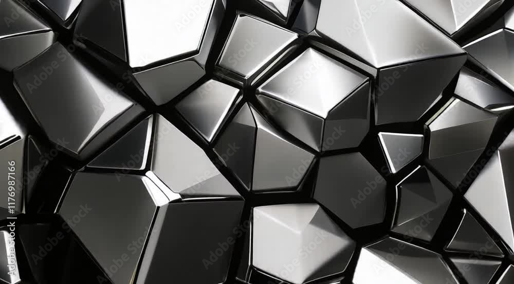 Irregular polygonal tessellation with metallic textures, animated light reflections, and a monochrome palette