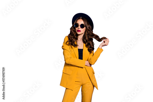 Photo of amazing fashionable lady wear stylish hat yellow costume isolated purple background #1176987109