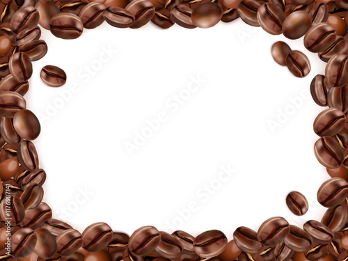 Coffee beans frame. Caffeine grains close-up borders, espresso roast bean seed frames corner freshness aroma drink, barista cafe shop realistic background exact vector illustration