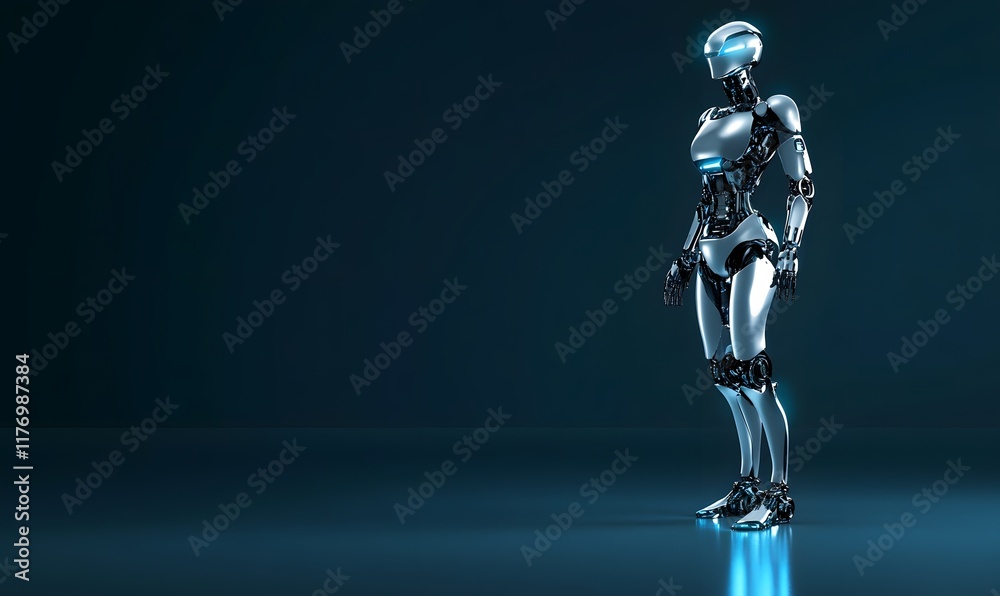 Female humanoid robot standing on dark surface. Female humanoid robot standing on dark surface.