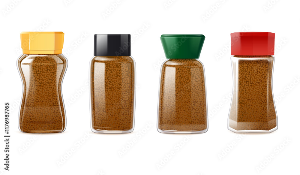 Instant coffee jar. Realistic coffee glass jars mockup for cafe shop product packing, coffeeine powder varieties glasses tin bottle container pack set exact vector illustration