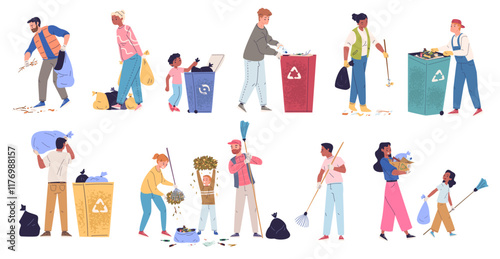 People collect garbage. Family sorting trash, cleanup litter volunteer help cleaning city park or beach, pick recycle or plastic waste in rubbish can set classy vector illustration