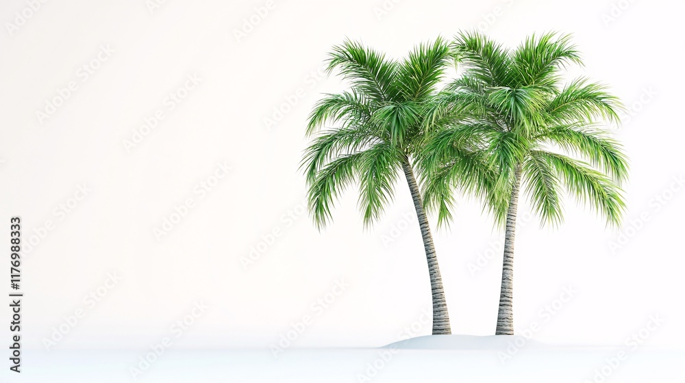 Obraz premium Two tropical palm trees stand on a small patch of sand against a light background