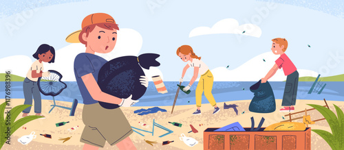 Children cleaning beach. Kids volunteers clean up seaside, school group collect sorting plastic waste in trash bag cleanup sea river coast from garbage, classy vector illustration