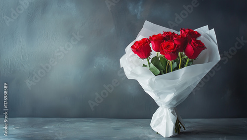 A bouquet of red roses wrapped in white paper, displayed on the table for Valentine's Day gift