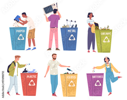 People sorting trash. Man woman throw out garbage in recycling bins, separate waste dustbin paper organic food plastic waste bag segregation for reuse, classy vector illustration