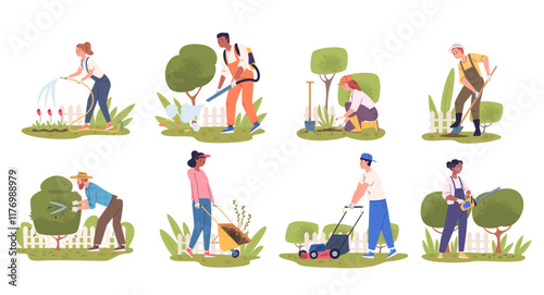 Lawn workers. Professional gardener backyard landscaping care work, pruning trees trimming hedge bushes cut grass mower gardening maintenance equipment, classy vector illustration