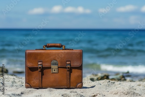 A brown leather briefcase placed on a sandy beach with the ocean in the background. photo