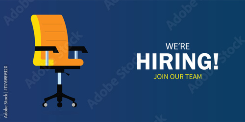 We're hiring. We are hiring. We're hiring join our team announcement banner for social media post, vacant sign on empty office chair. 