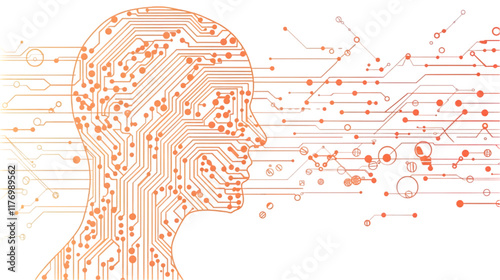 Human head connect to artificial intelligence brain with circuit line isolated on a transparent background